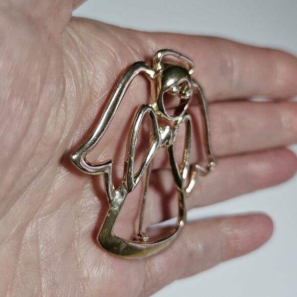 *Sale* Vintage Angel Brooch Pin Gold Tone Rhinestone eyes Outline Signed AAI - Picture 3 of 10